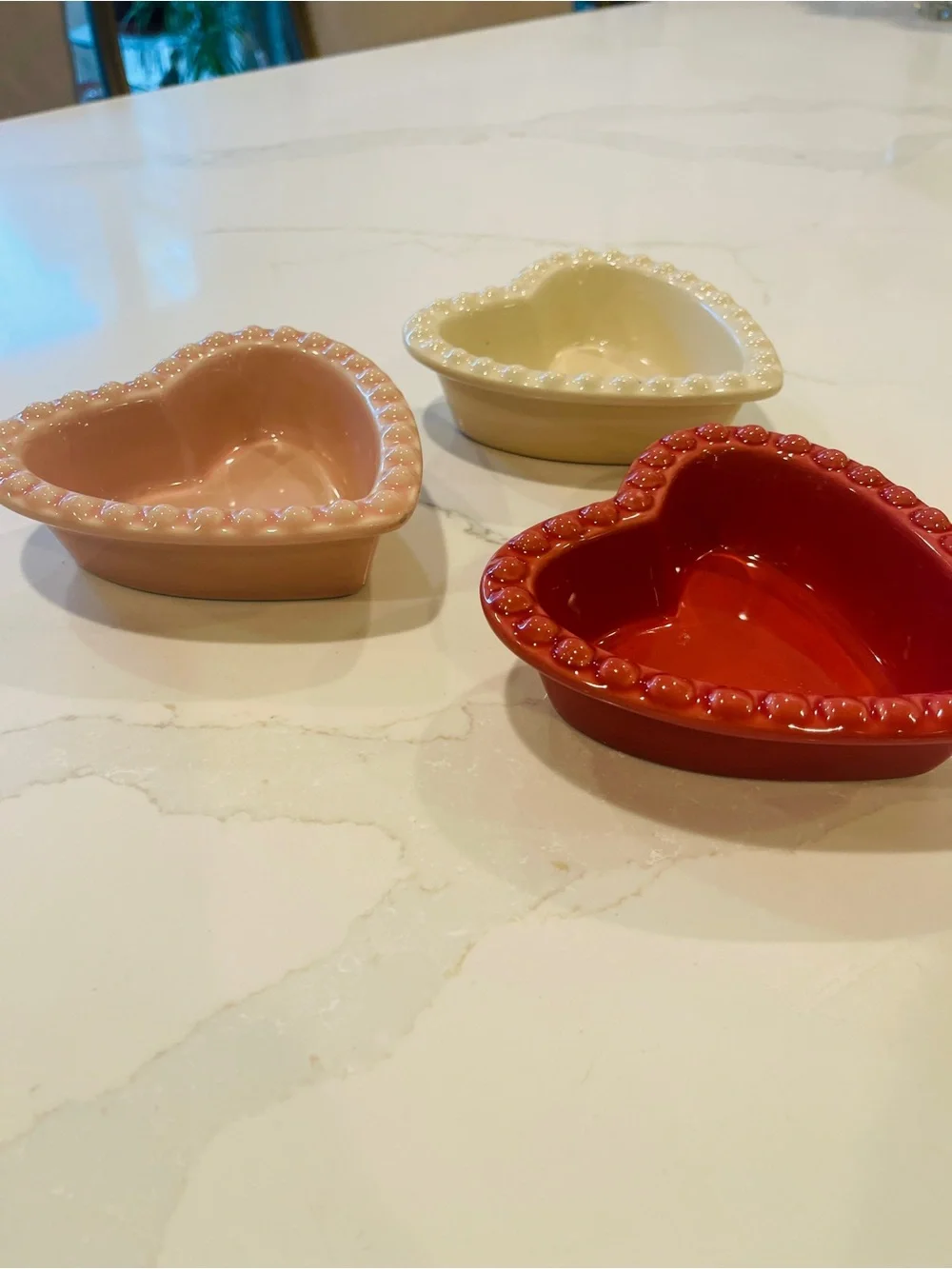 Williams Sonoma Beaded Heart Ramekin Trio in Red, Pink, Cream